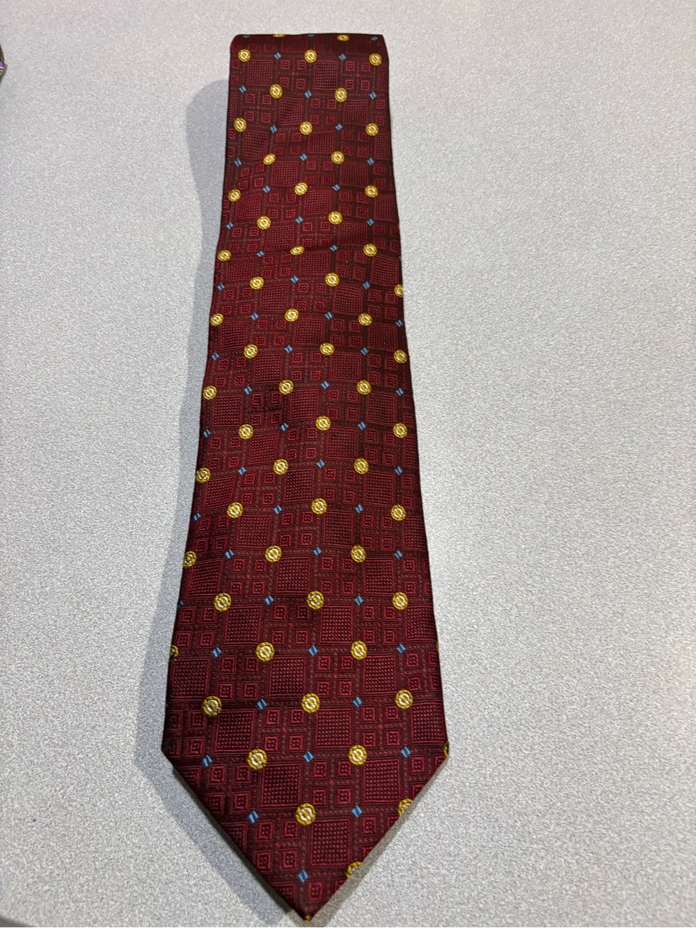Luciano Barbera-Tie-Burgundy Geometric Tie with Gold Dot Motif